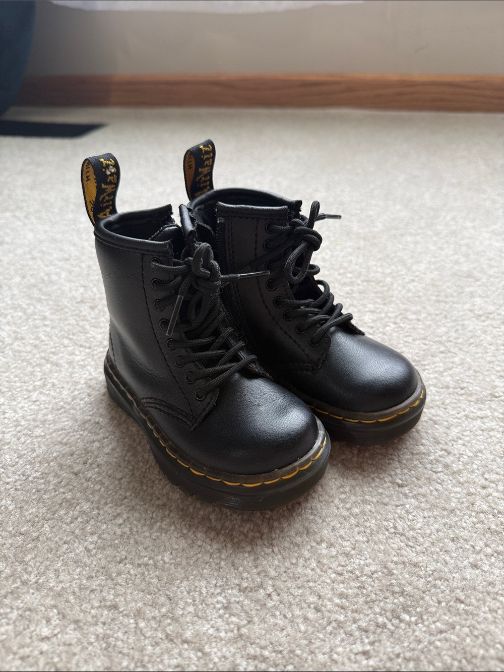 Dr. Martens Kids Black Boots with Yellow Stitching